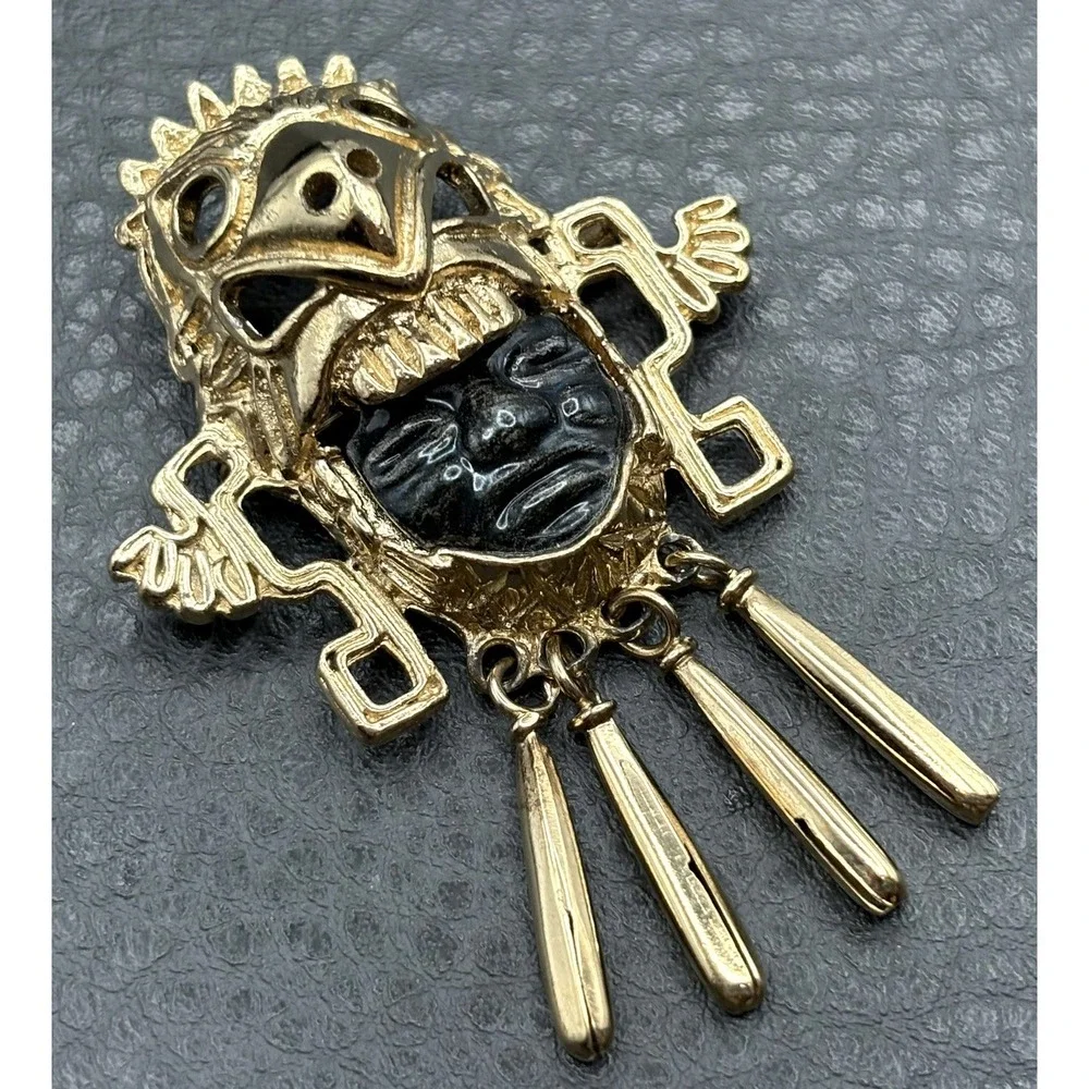 Vintage Salvador Teran Mexico Marbel Pendant Brooch Pin Mayan Mask Face Dangle